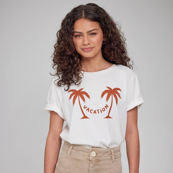 South Parade Tops - SOUTH PARADE Lola Round Neck Vacation Palm Off White Short Sleeve Tee Size L